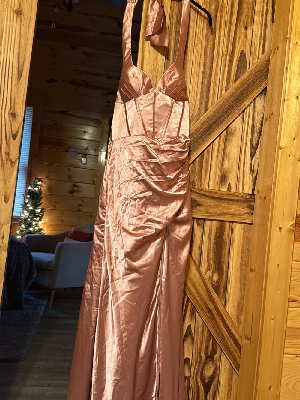 Halter Satin Evening Gown in Rose Blush